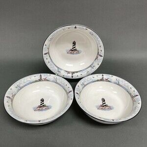 Stoneware Light House Sailboats White Blue Soup Cereal Bowls 7 1/4" Lot of 3